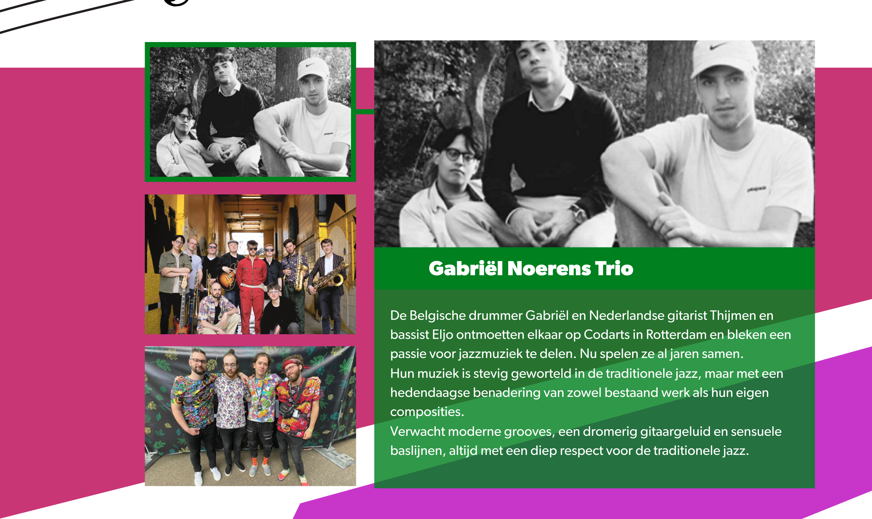 scherm met alle uitgelichte artiesten op een rijtje om de groene huisstijl van rotterdam te laten zien, met mijn jazz substijl.